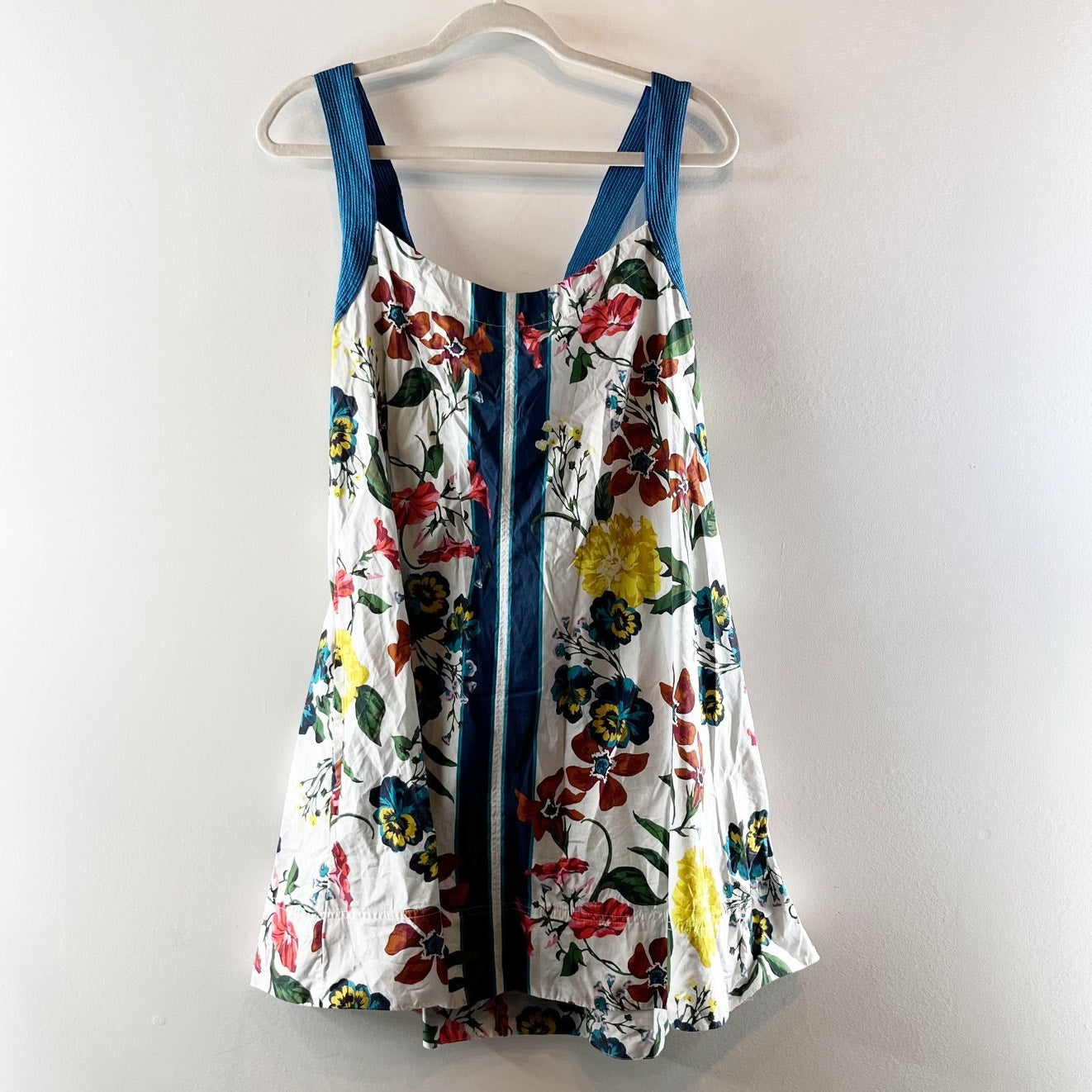 Anthropologie Sleeveless Cross-Back Cotton A-Line Mini Dress White Blue XL