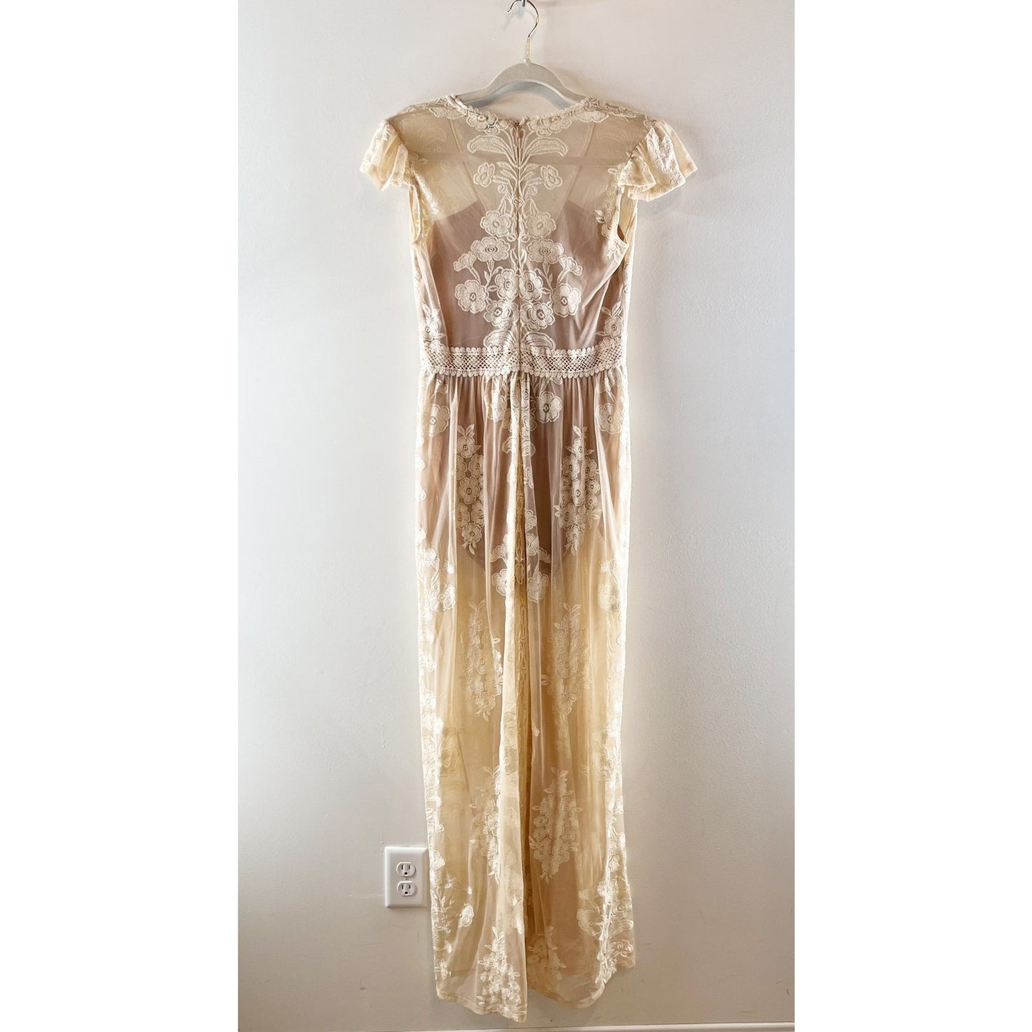 For Love & Lemons Violetta Embroidered Mesh Lace Maxi Dress Nude Ivory White L