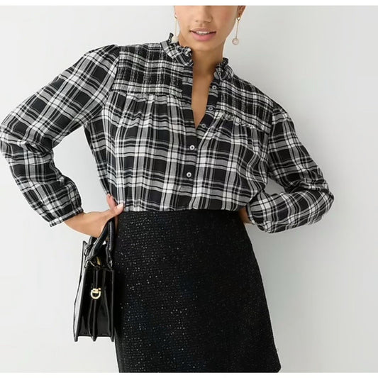 J. Crew Ruffleneck Flannel Popover Blouse Top Berkshire Plaid Black White Small