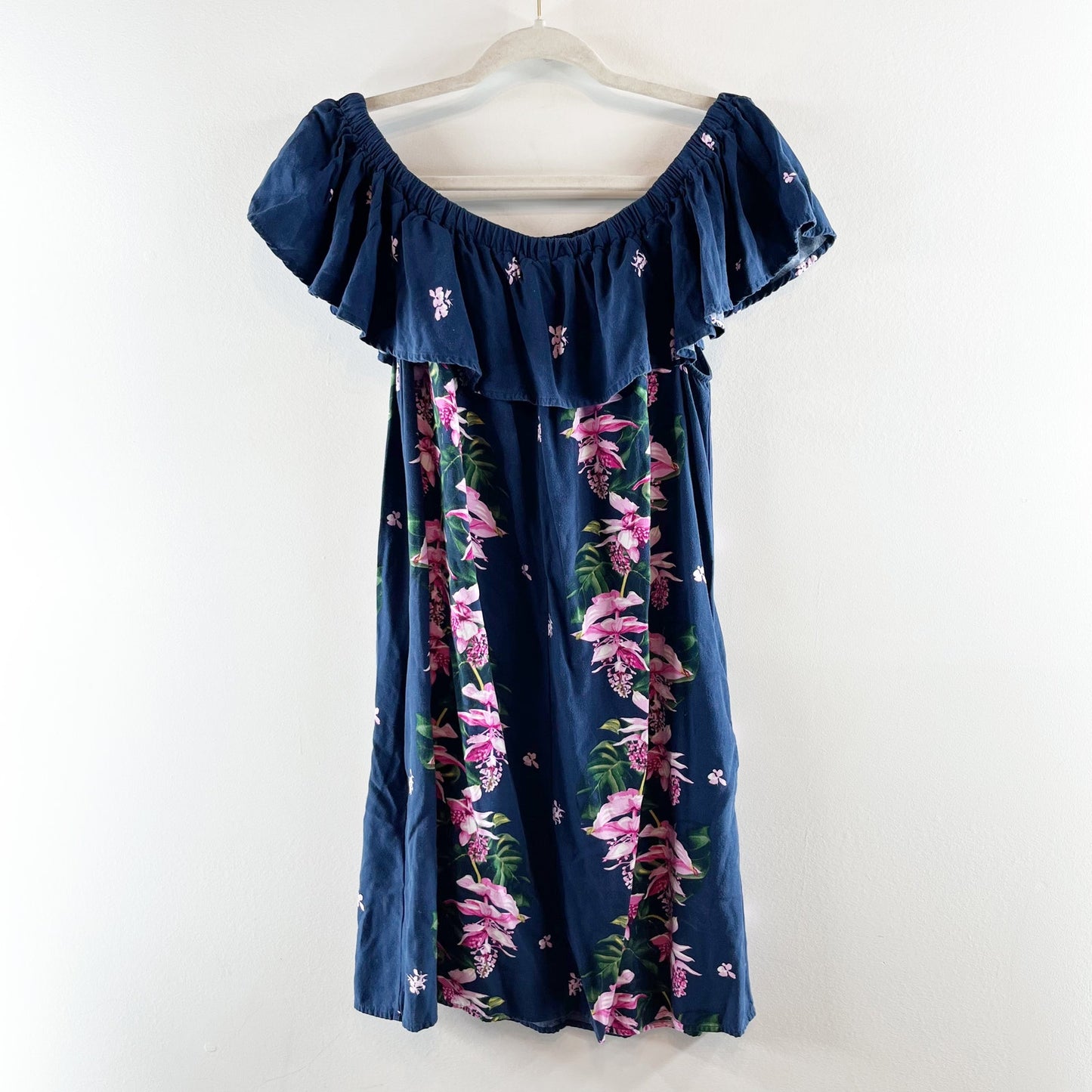 Tommy Bahama Off The Shoulder Ruffle Floral Mini Dress Blue Pink Small