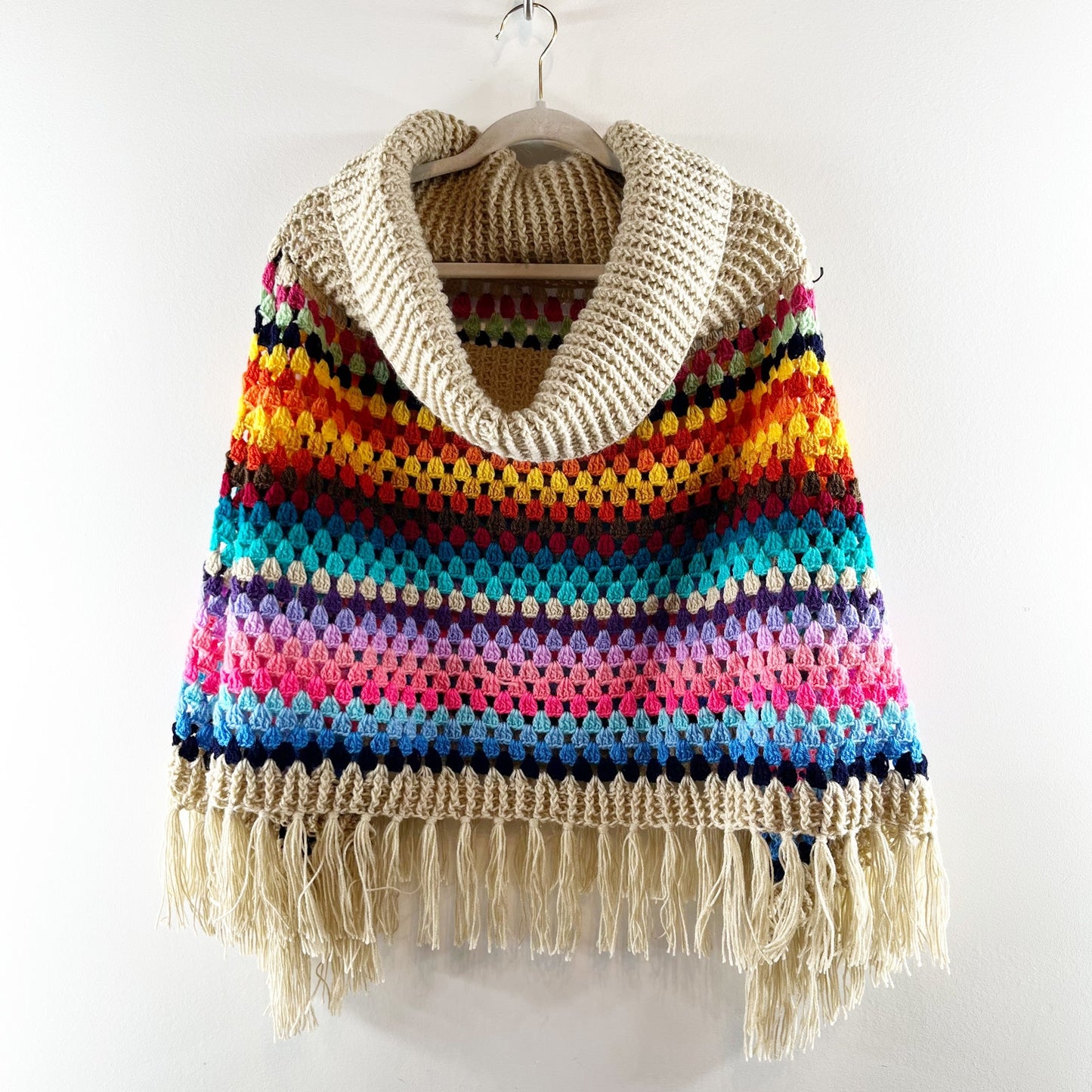 Saachi Earth to Sky Crochet Knit Poncho Rainbow Tassel Fringe Tan One Size