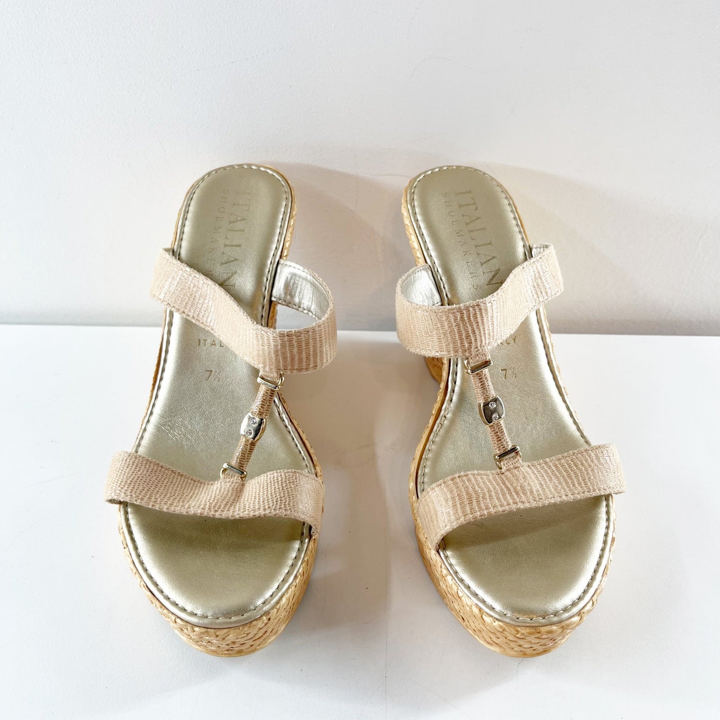 Italian Shoemakers Aida Wedge Leather Sandals Tan Beige 7.5