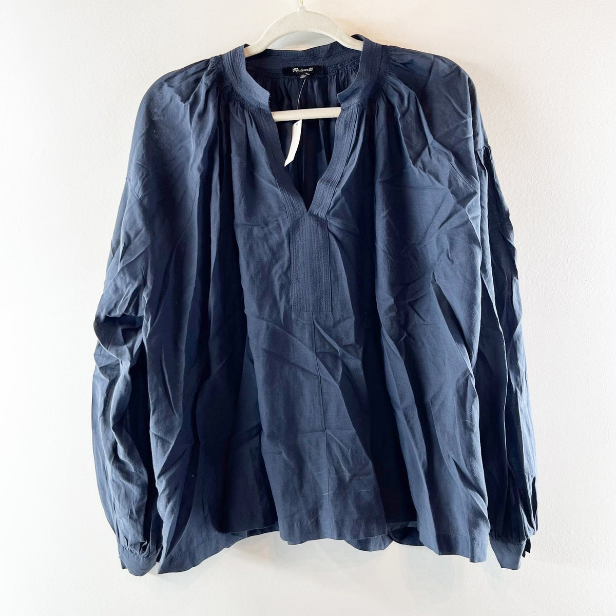 Madewell Shirred Long-Sleeve V-Neck Blouse Top Ink Blue XL