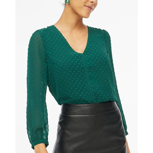 J. Crew V Neck Long Sleeve Clip Swiss Dot Blouse Top Green Large