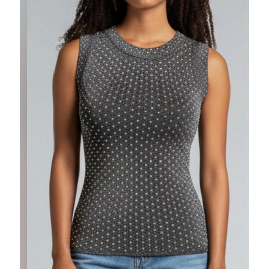 LNA Jones Shine Rhinestone Sleeveless Round Neck Tank Top Gray Silver Small