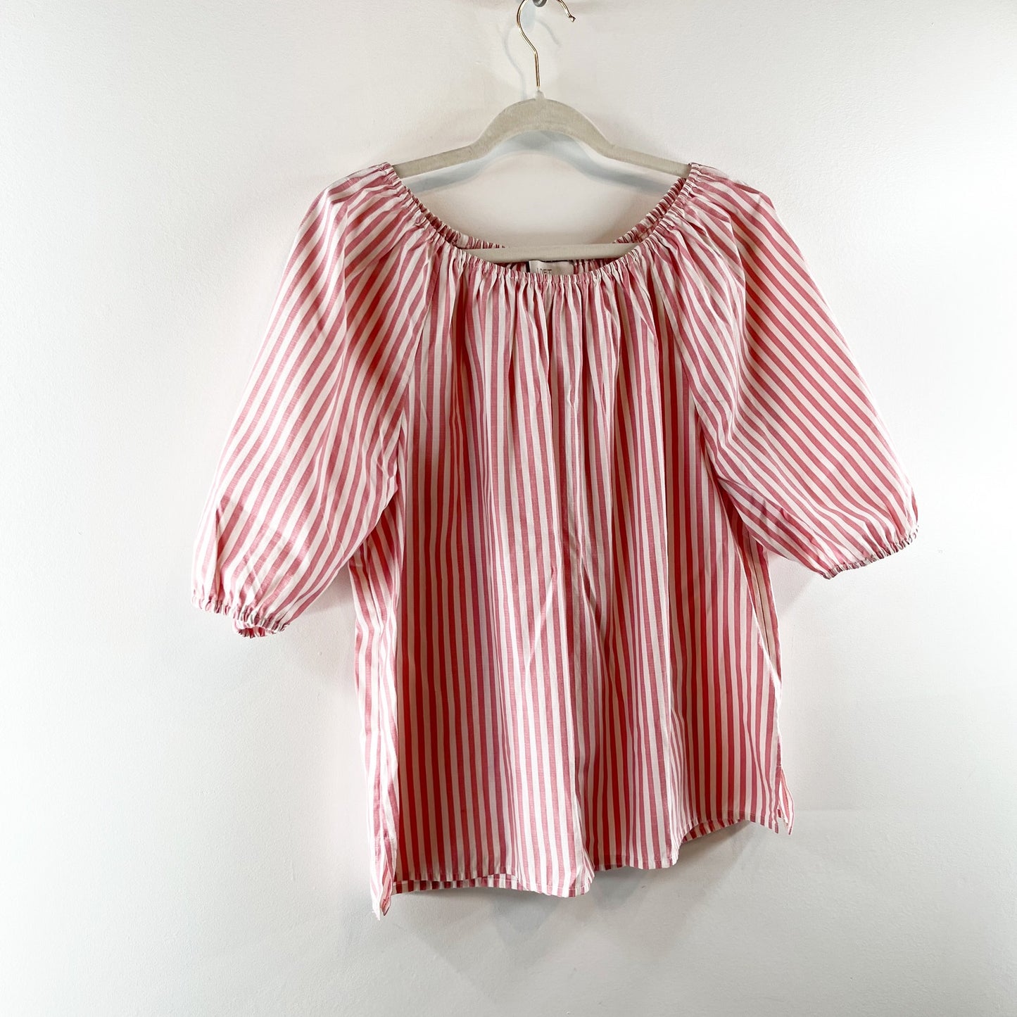 LOFT Off The Shoulder Puff Short Sleeve Blouse Top Striped Pink White Large