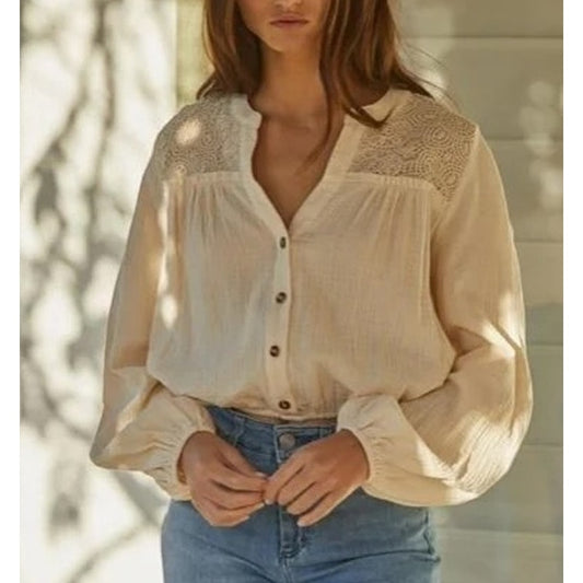 By Together Long Sleeve Gauzy Cotton Button Up Crochet Top Cream Small