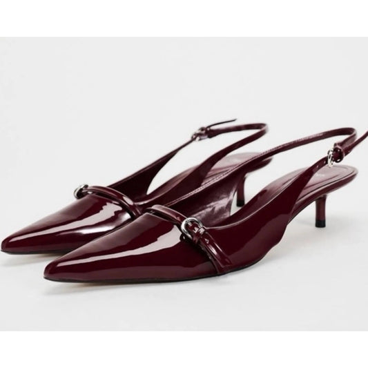 ZARA Pointed Toe Slingback Patent Faux Leather Kitten Heels Burgundy 40 / 9.5
