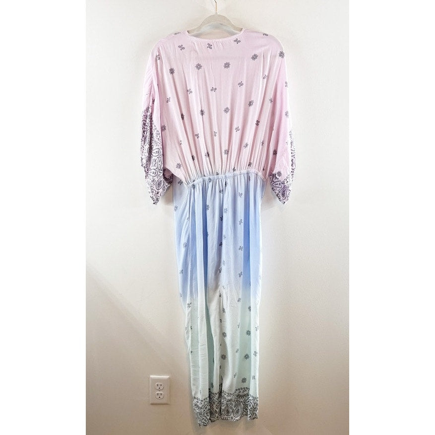 Surf Gypsy Short Sleeve Kimono Twist Front Kaftan Maxi Cover Up Dress Pink Blue