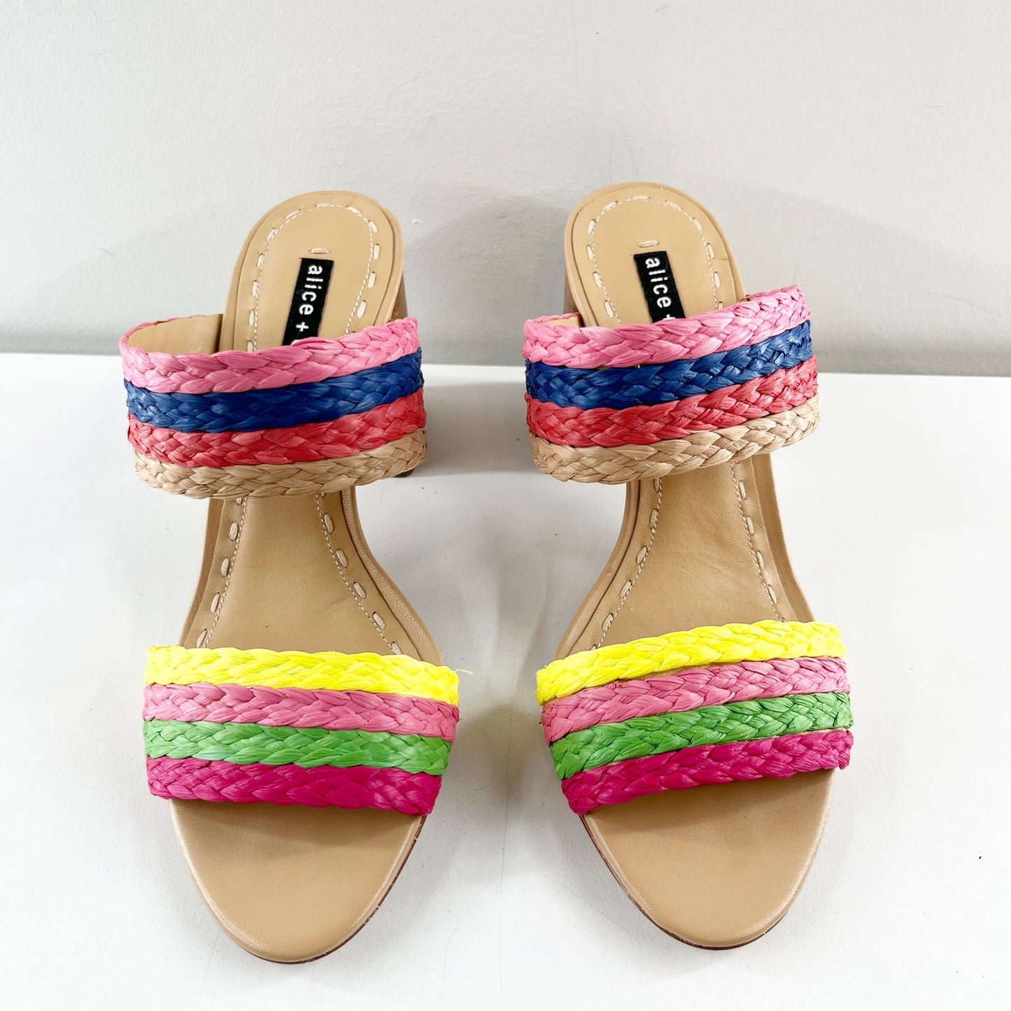 Alice + Olivia Leeda Raffia Rainbow Slip On Block Heel Sandals Rainbow 8