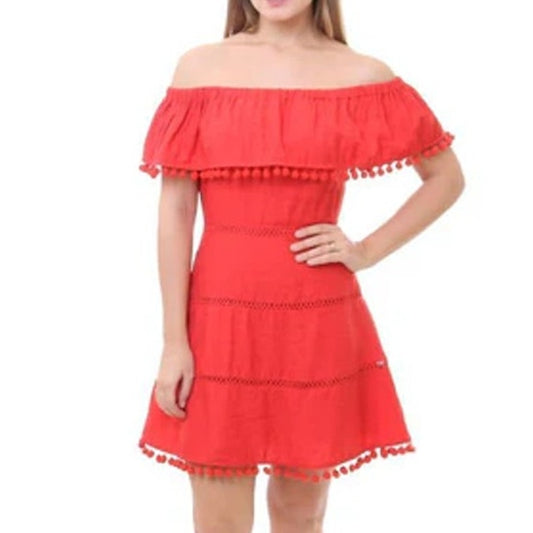 Sugar + Lips Off-the-Shoulder Crochet Trim Mini Dress with Pom Pom Red Medium