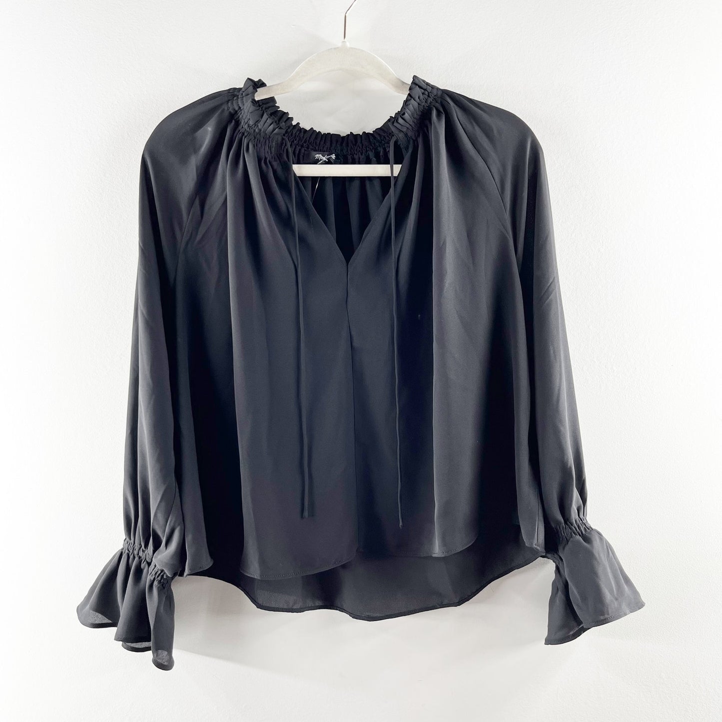 Madewell Long Sleeve Tie Front Blouse Top Black XXS