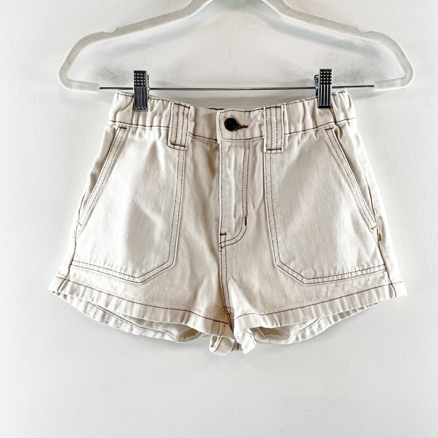 PacSun High Waisted Denim Carpenter Shorts with Contrast Stitching Bone XS