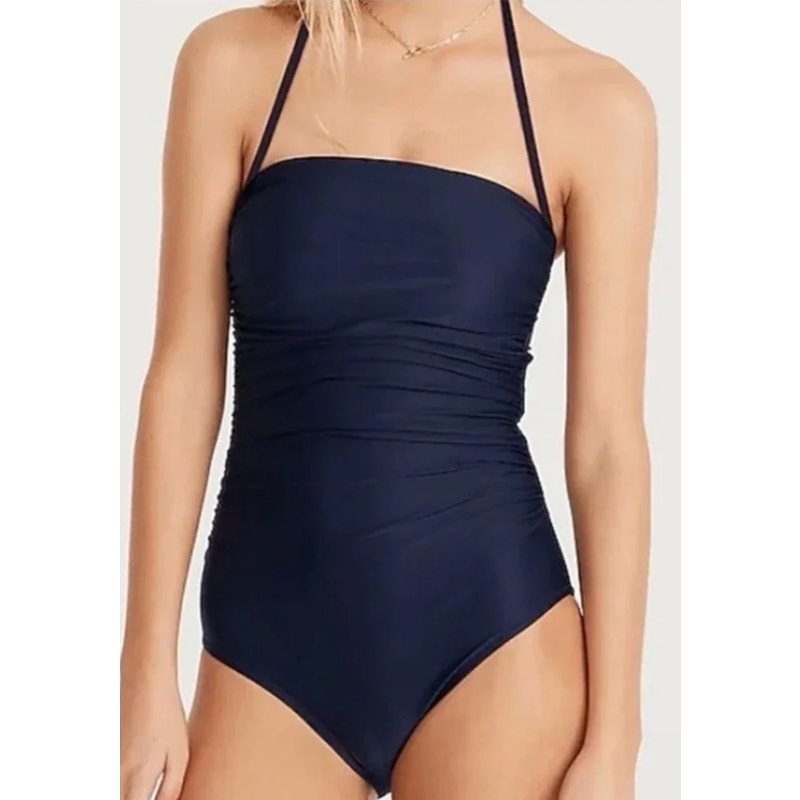 J. Crew Ruched One Piece Halter Swimsuit Bathing Suit Navy Blue Medium