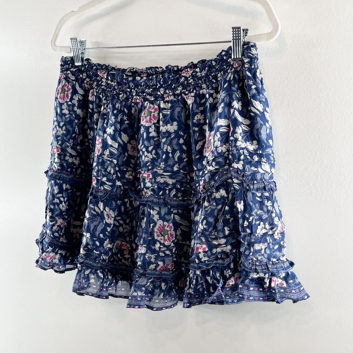 Vineyard Vines Pull On Floral Ruffle Tiered Mini Skirt Navy Blue Large