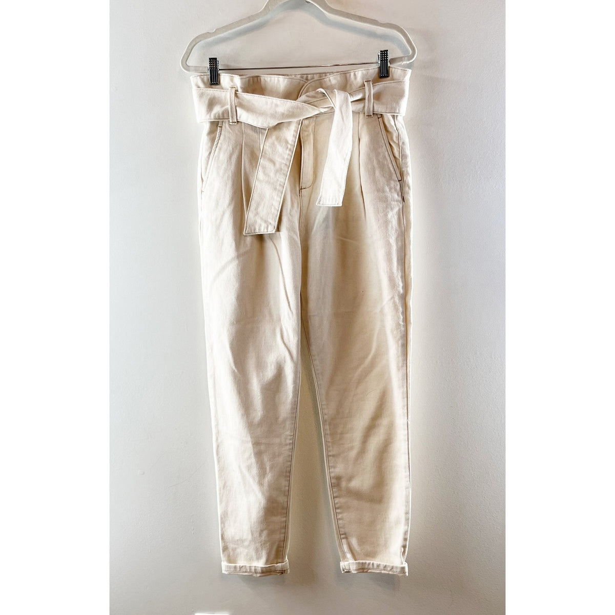 Sezane High Rise Paperbag Belted Tapered Straight Leg Jeans Cream 36