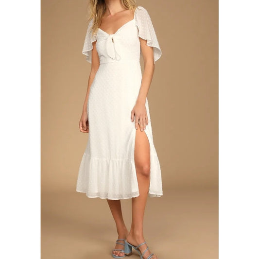 Lulus Short Flutter Sleeve Swiss Dot Midi Dress White XS