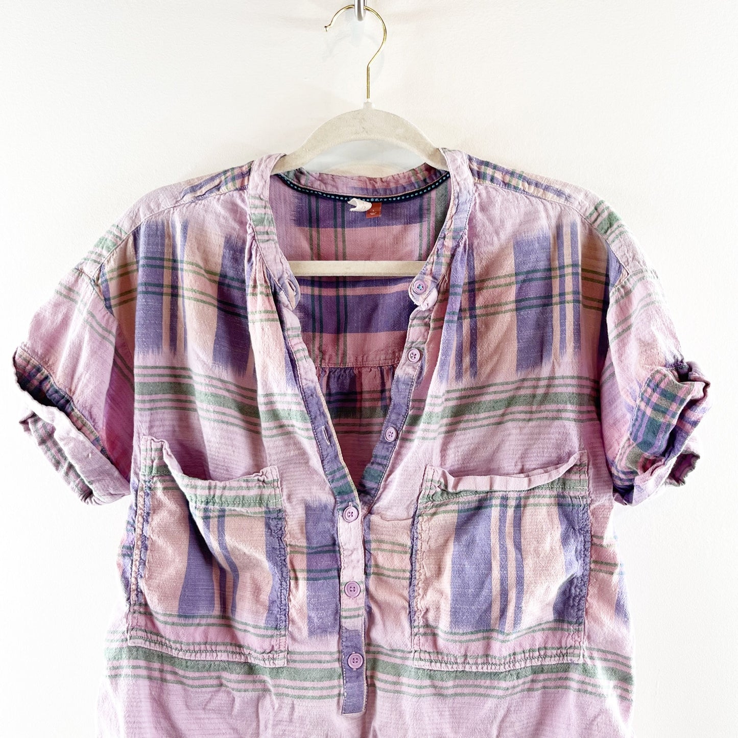 Pilcro Short Sleeve Hannah Plaid Surf Shirt Top Pink Large