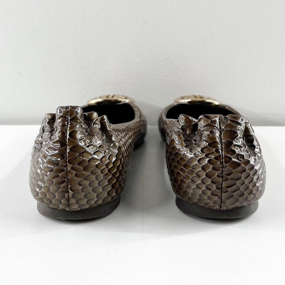 Tory Burch Reva Round Toe Snake Print Ballet Flats Leather Brown 6