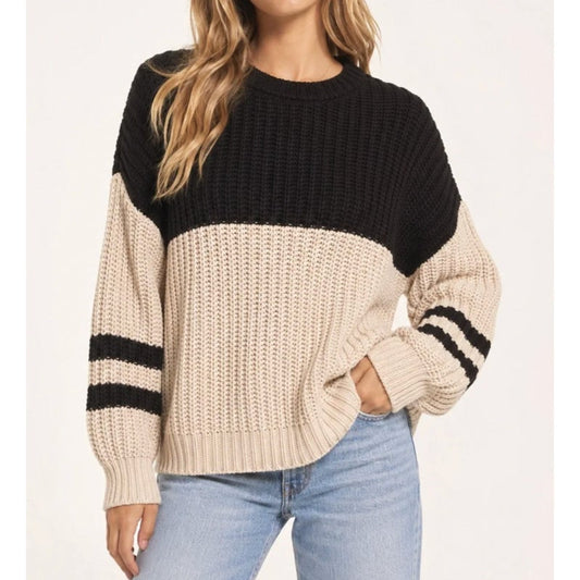 Z Supply Lyndon Color Block Crewneck Knit Sweater XS Cream Black