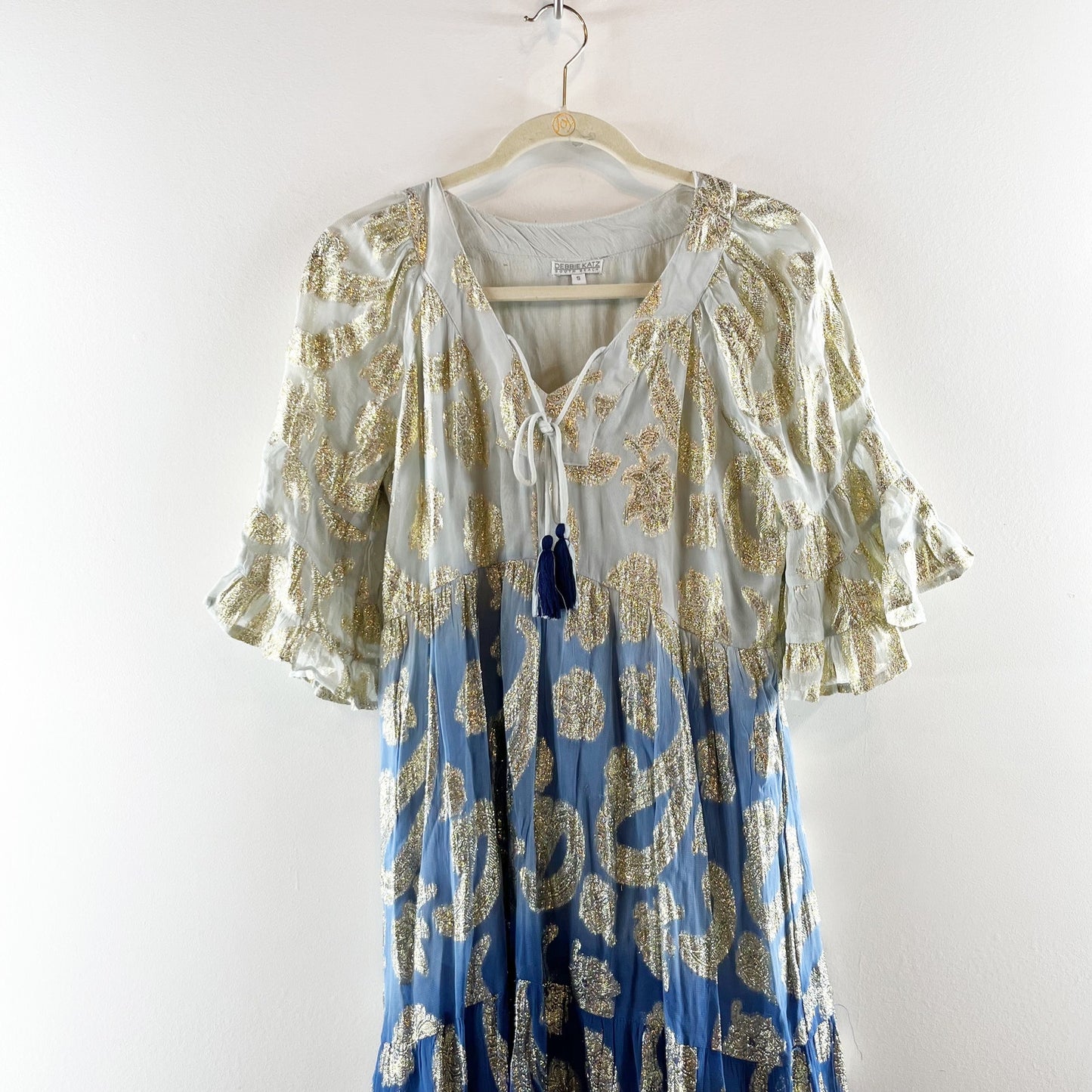 Debbie Katz South Beach Daniella Metallic Paisley Maxi Dress Blue Gold Small
