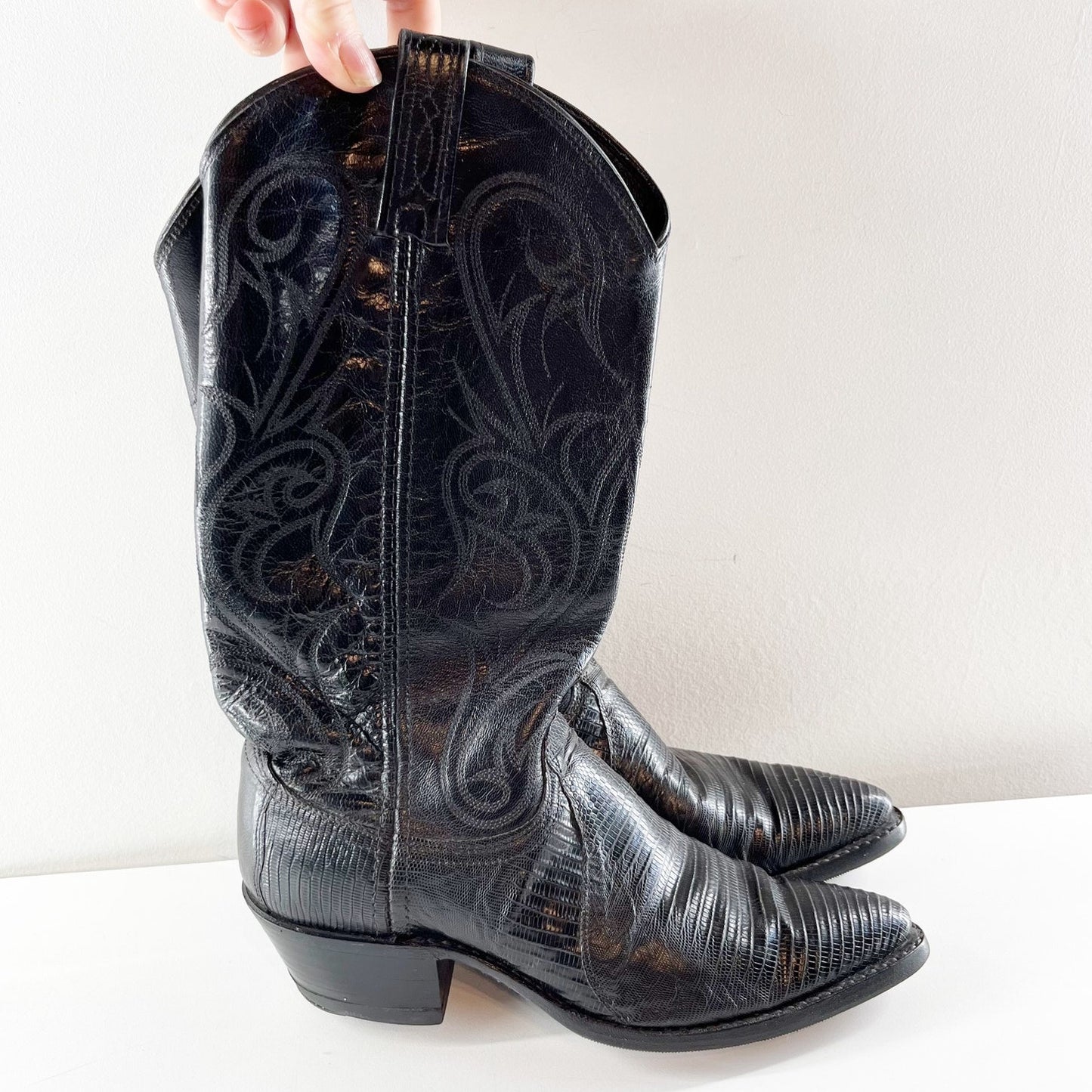 Dan Post Leather Exotic Lizard Skin Mid Calf Western Cowboy Boots Blacs 6.5