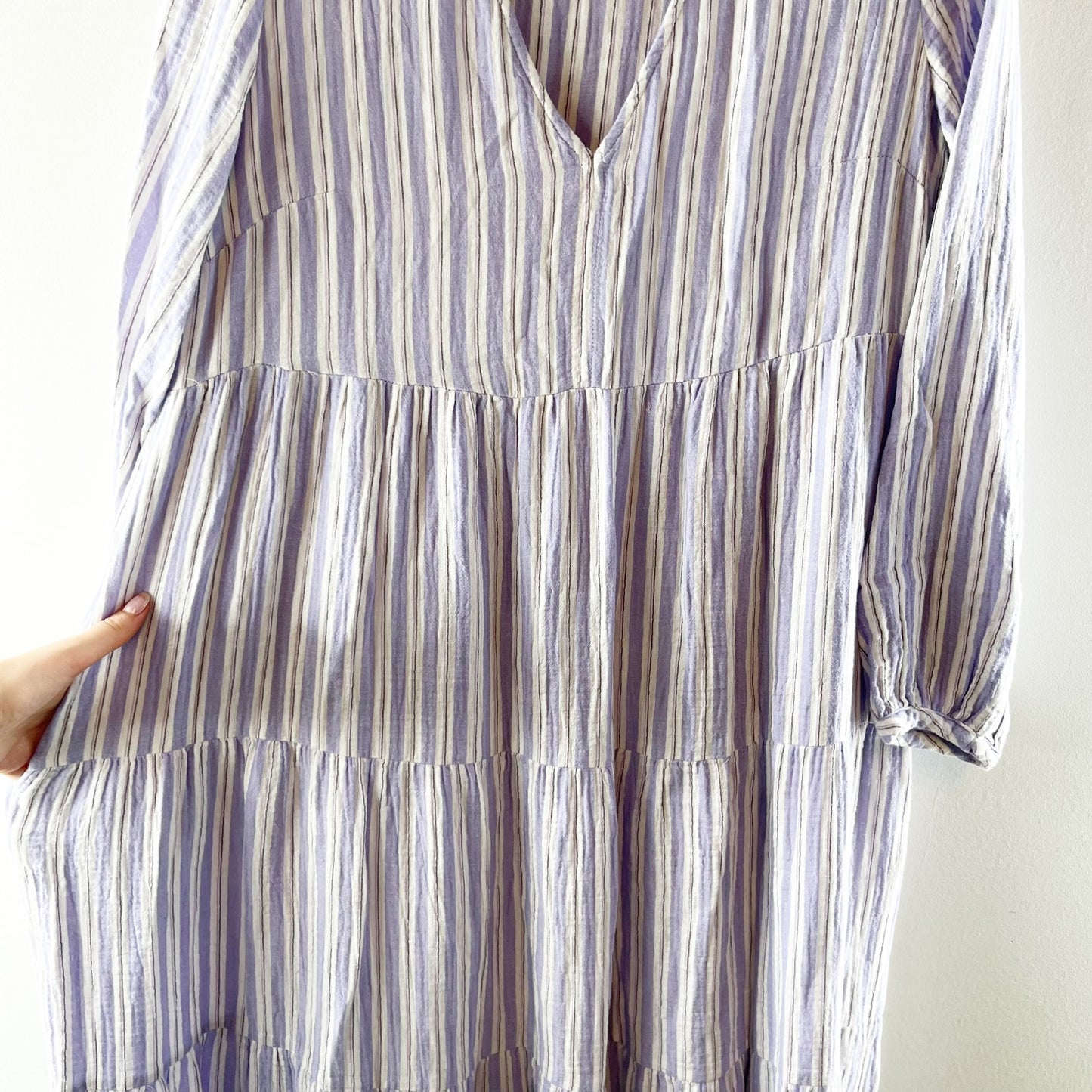Universal Thread Long Sleeve V Neck Striped Cotton Maxi Dress Purple Medium