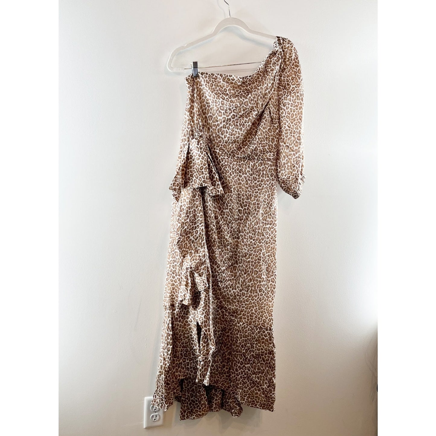 J. Crew Leopard Print Satin One-Shoulder Ruffle Hem High Low Midi Dress Brown 8