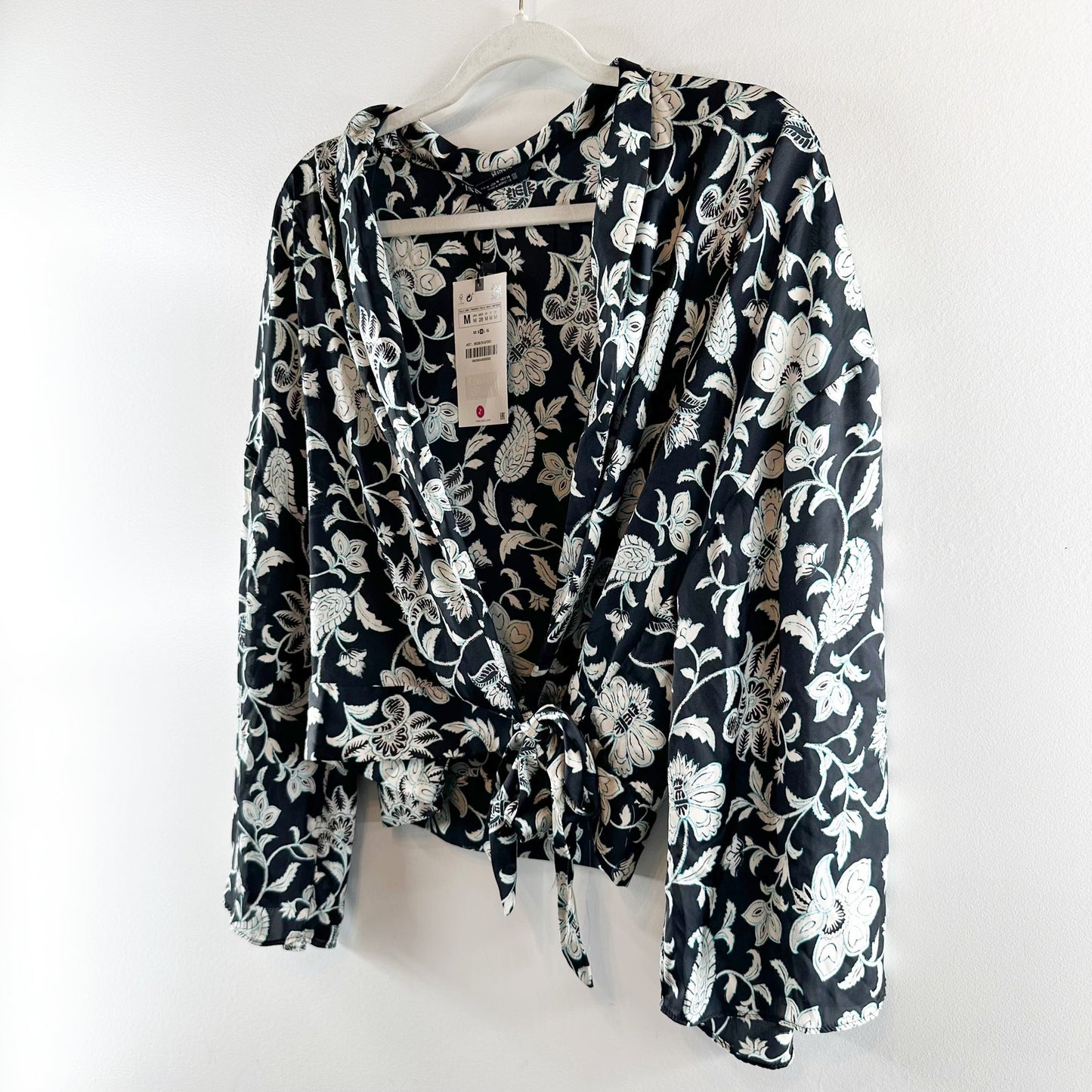 ZARA Floral Satin Bell Sleeve Wrap Tie Blouse Shirt Black White Medium