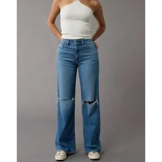 American Eagle Super High Rise Baggy Wide Leg Jeans Blue 4 Long / Tall