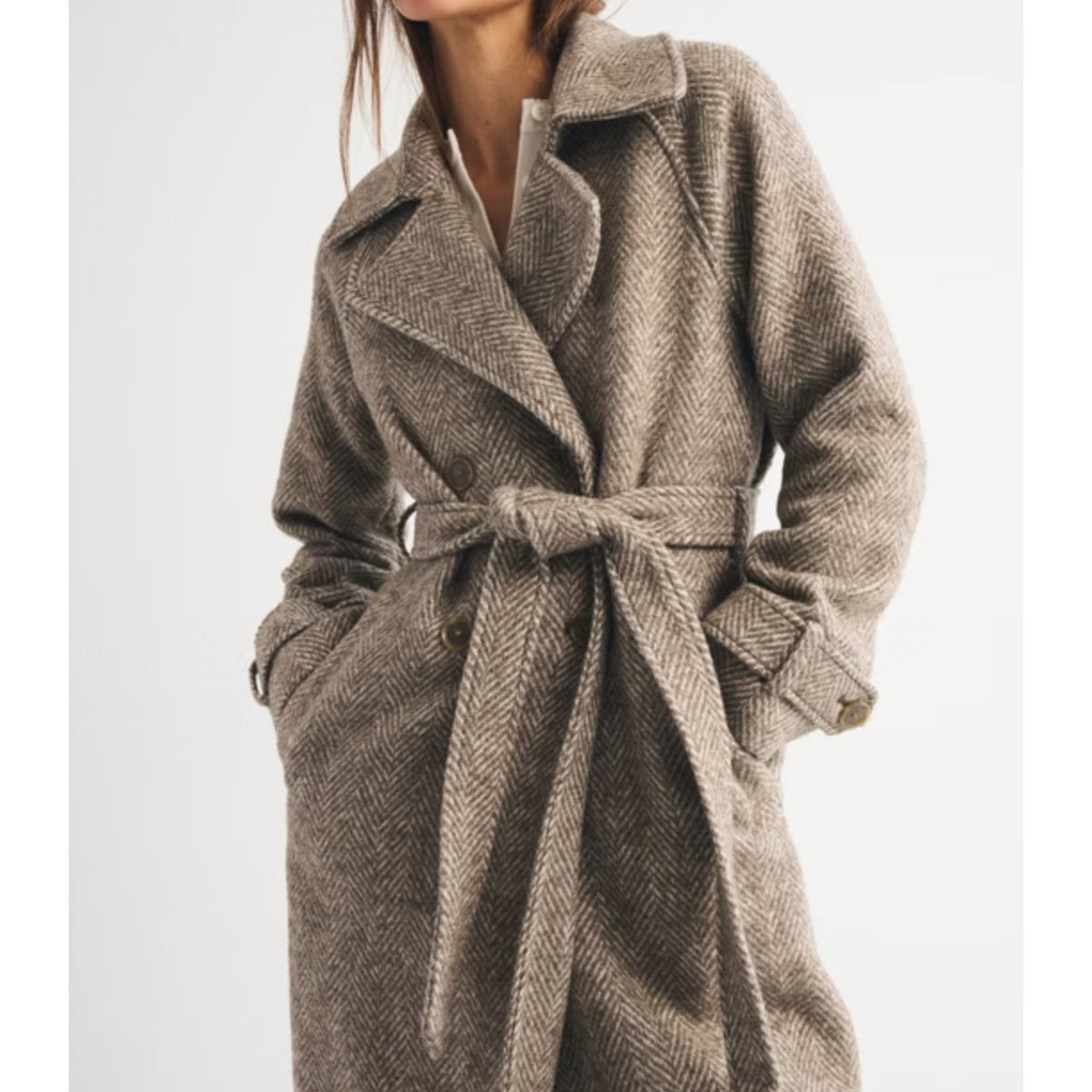 Abercrombie Carrie Wool Blend Belted Trench Coat Brown Herringbone Small