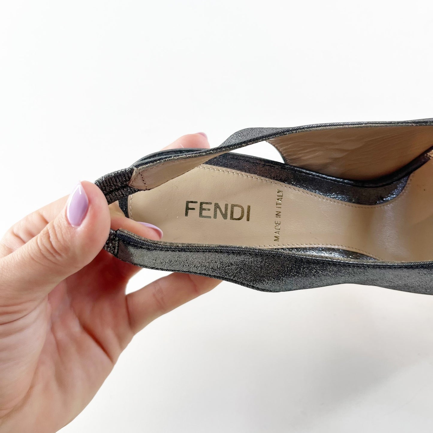 Fendi Metallic Glitter Fendista Peep Toe Stilettos Slingback Pumps Silver 38