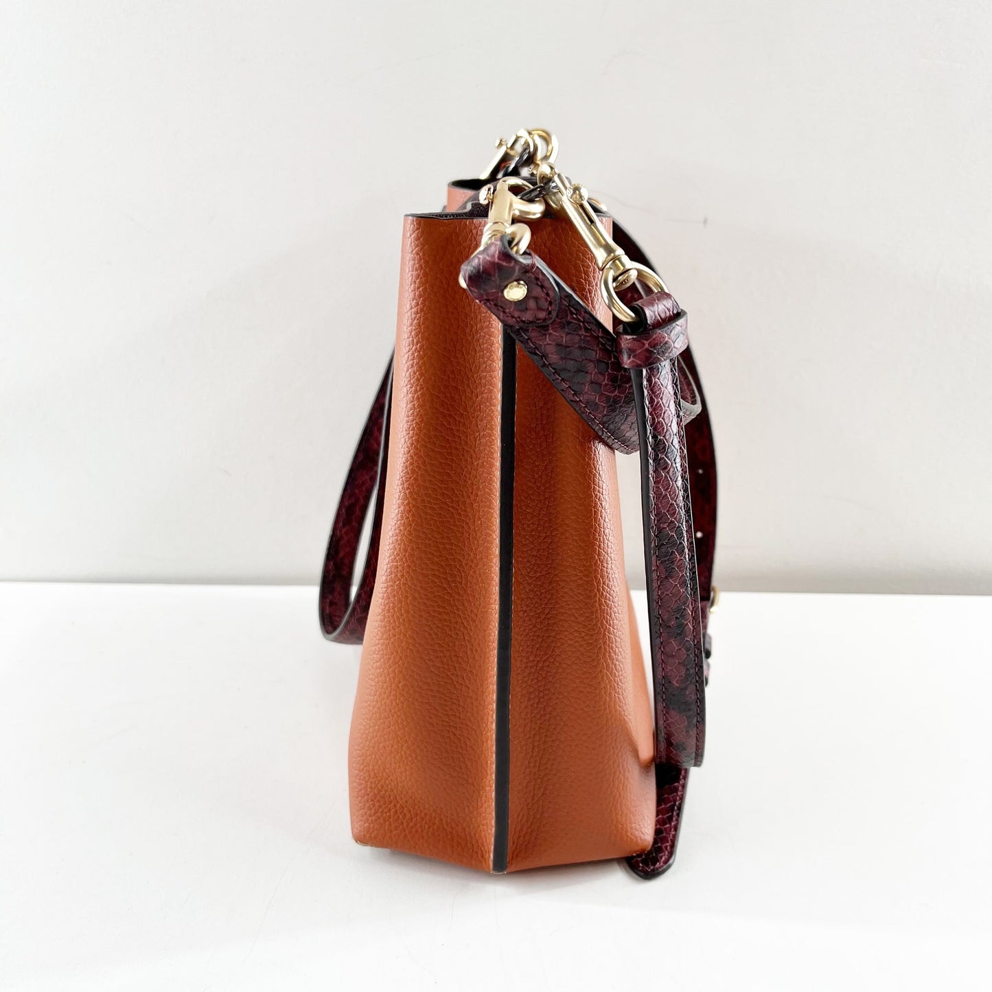 Coach Mollie Bucket Bag 22 burgundy snake-embossed handle Crossbody Saddle Brown