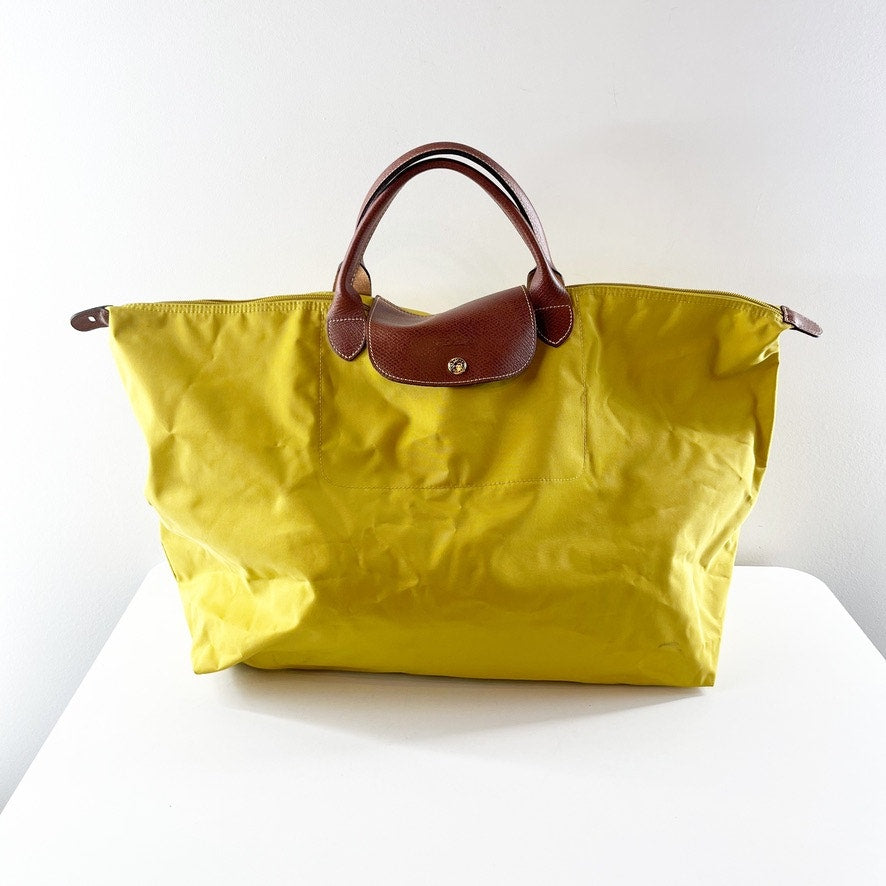 Longchamp Nylon Medium Le Pliage Tote Handbag Yellow Brown