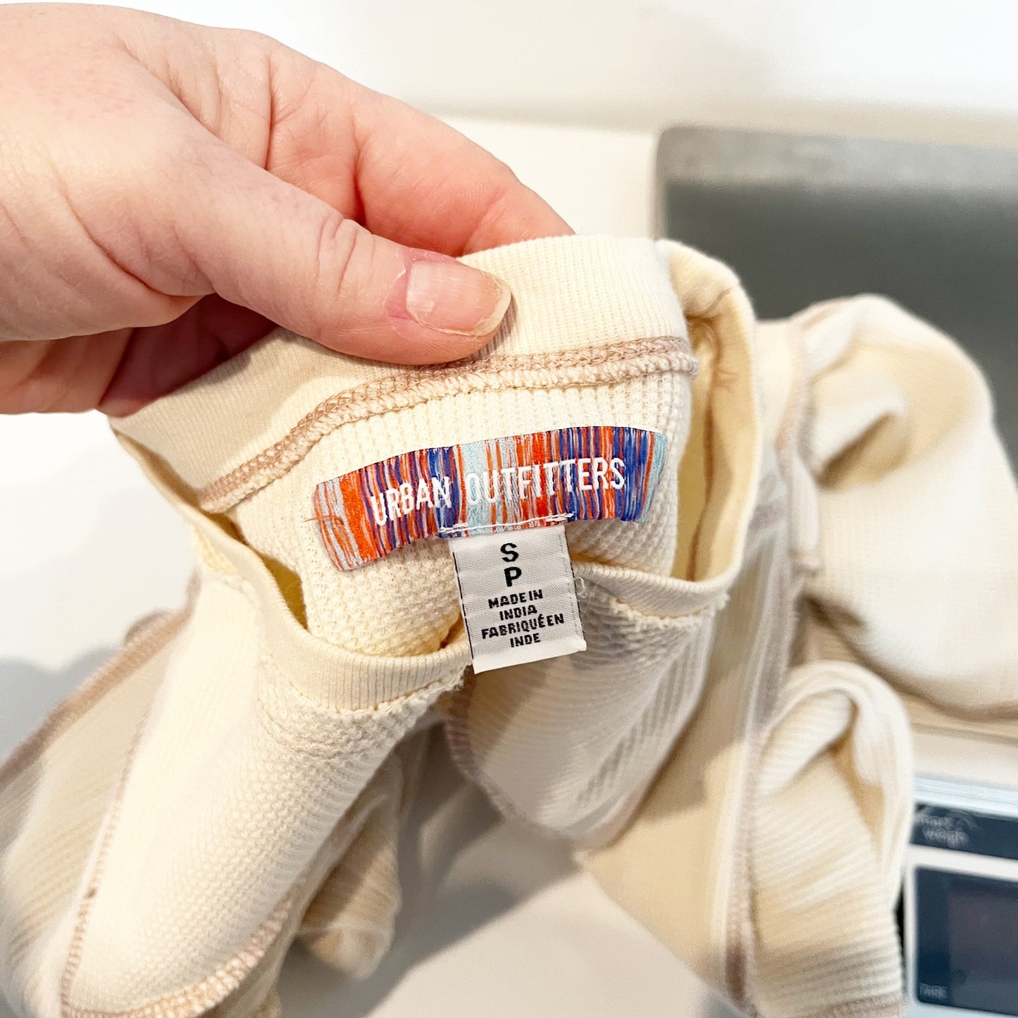 Urban Outfitters Long Sleeve Seamed Thermal Waffle Knit Top Cream Tan Small