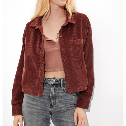 American Eagle Cropped Corduroy Button Up Shirt Brown Medium