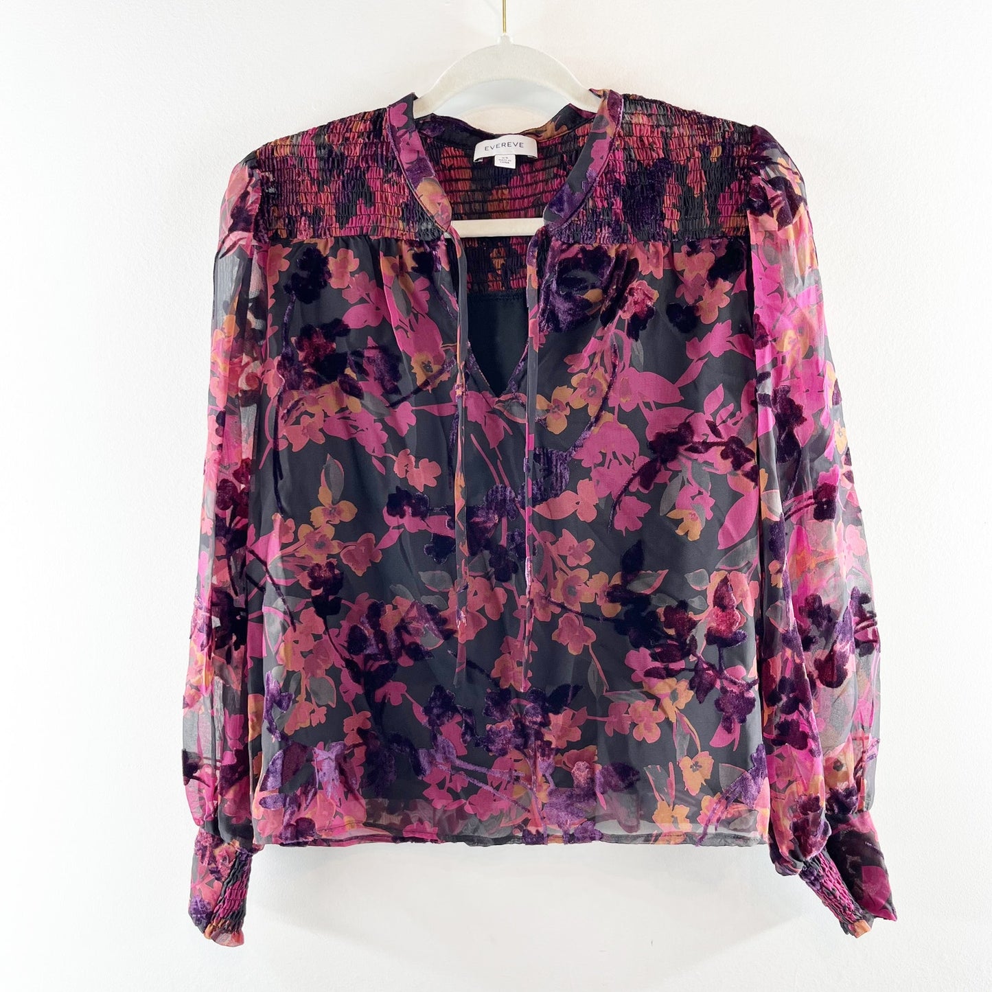 Evereve Long Sleeve Floral Velvet Embroidered Blouse Top Purple Black XS