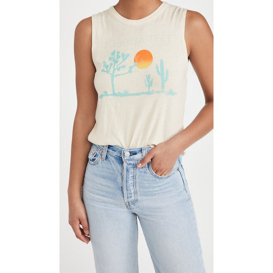 Chaser Joshua Tree Distressed Muscle Tank Graphic Tee White Teal Blue XS