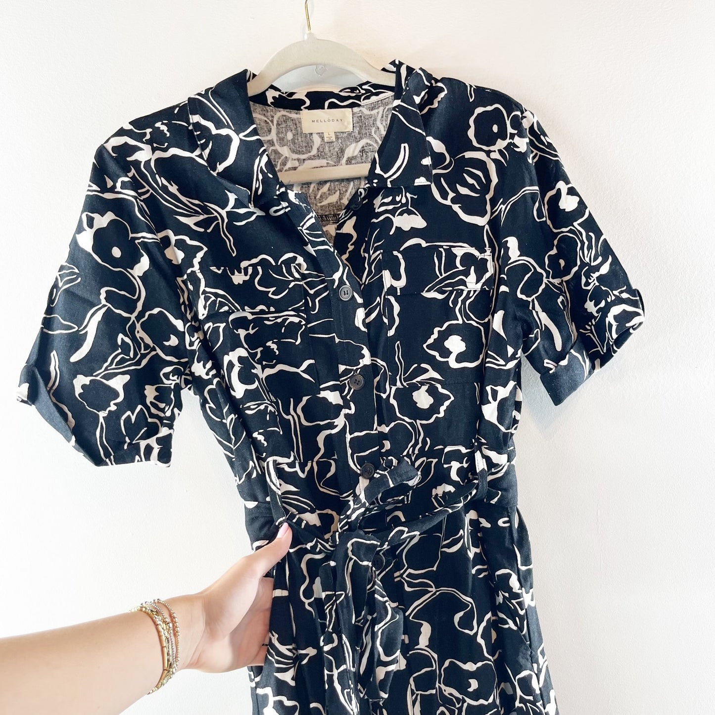 Melloday Floral Short Sleeve Belted Midi Shirt Dress Black White Large