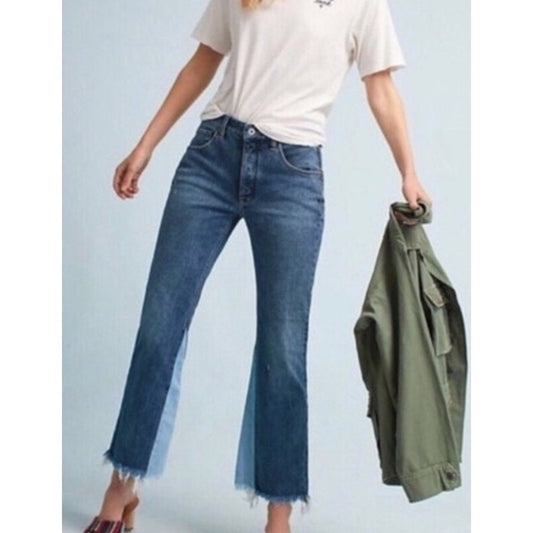 Pilcro and The Letterpress Two Tone Mid Rise Flare Raw Hem Jeans Blue 27