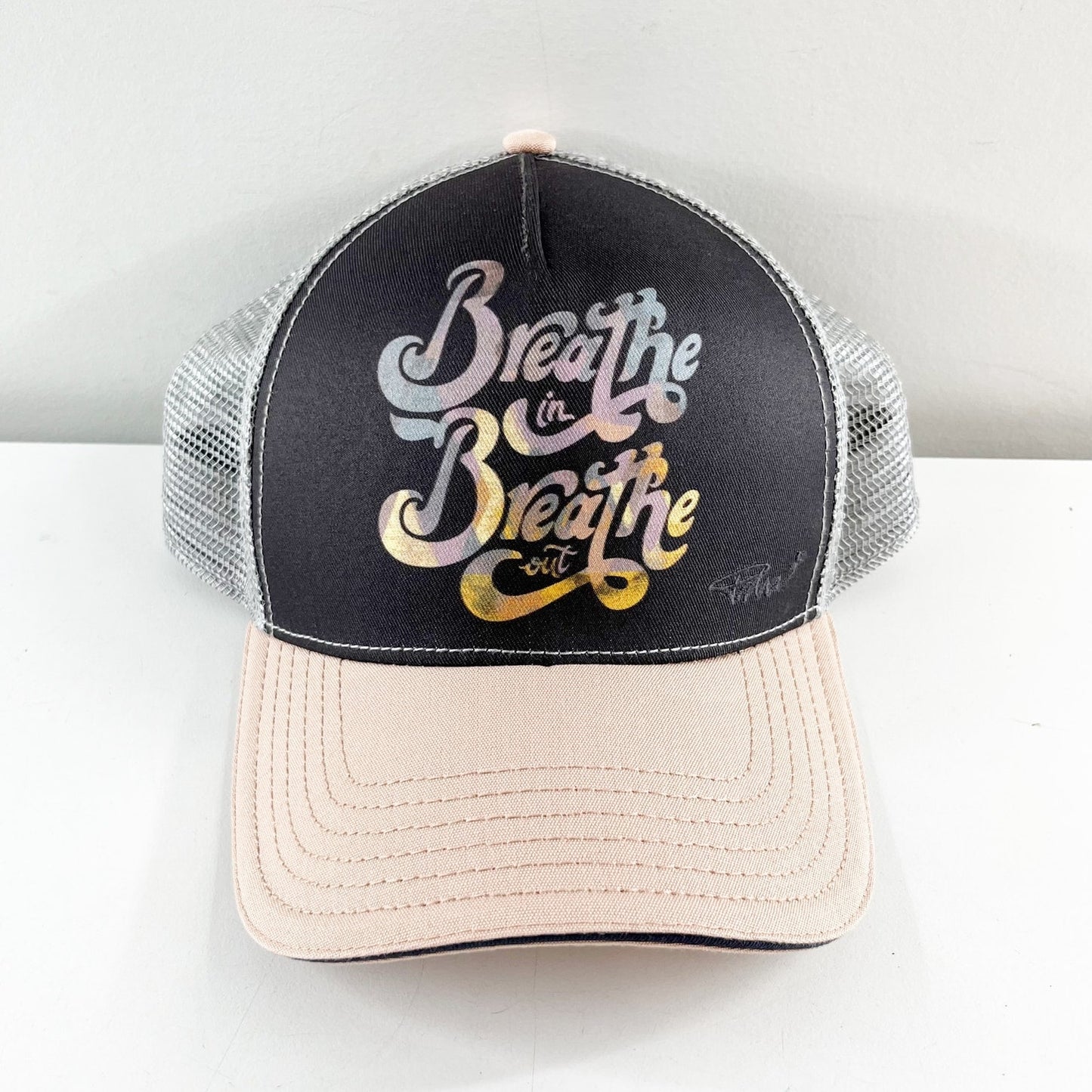 PrAna La Viva Breathe In Breathe Out Trucker Hat Gray Pink