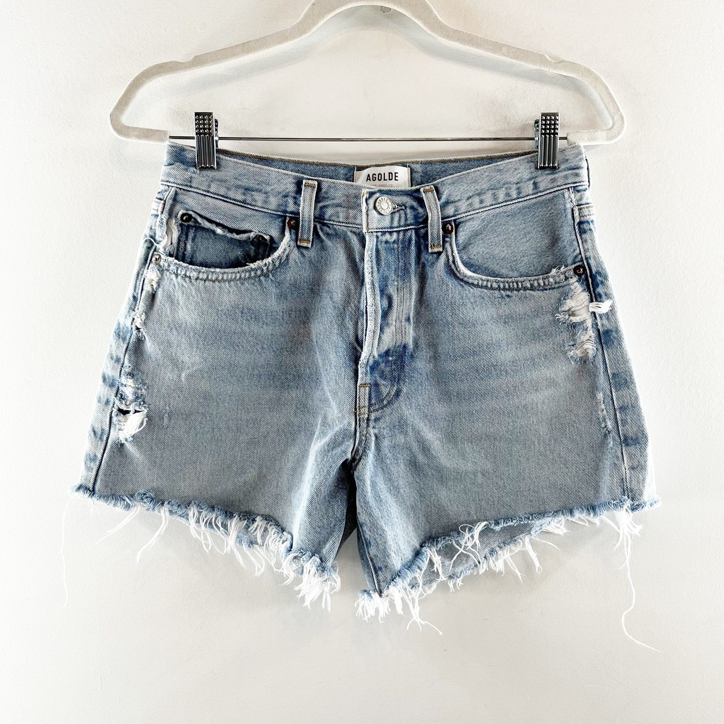 Agolde Parker Mid-Rise Distressed Denim Long Jean Short Parade 27