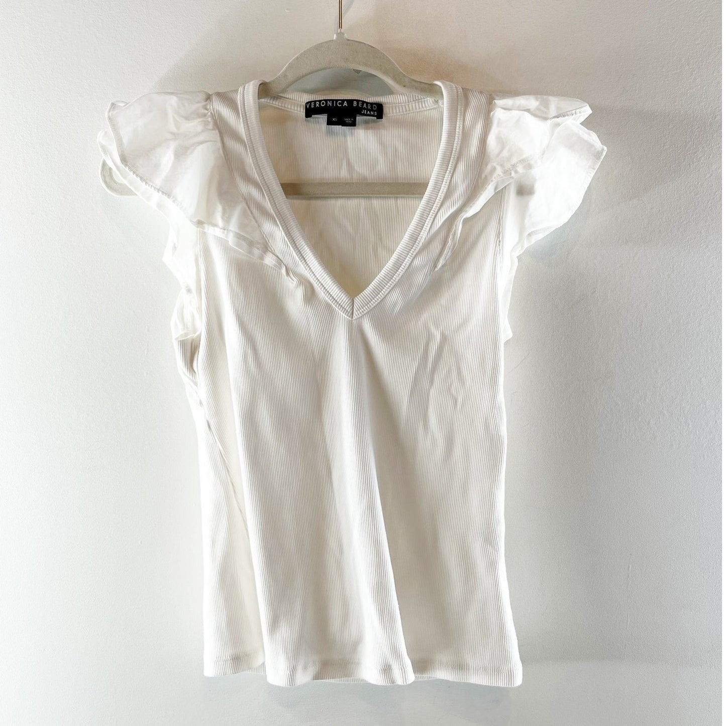 Veronica Beard Cathie Ruffle Sleeve V Neck Ribbed Tee Shirt Top White XS