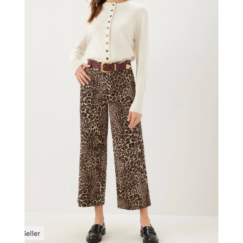 Karen Kane High Rise Cropped Wide Leg Corduroy Leopard Print Pants Brown Large