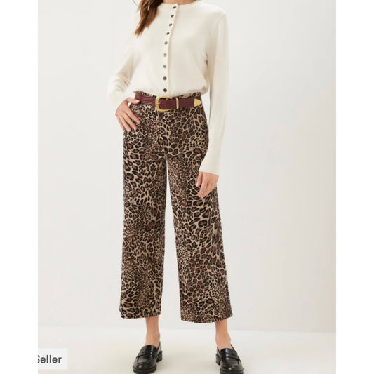 Karen Kane High Rise Cropped Wide Leg Corduroy Leopard Print Pants Brown Large
