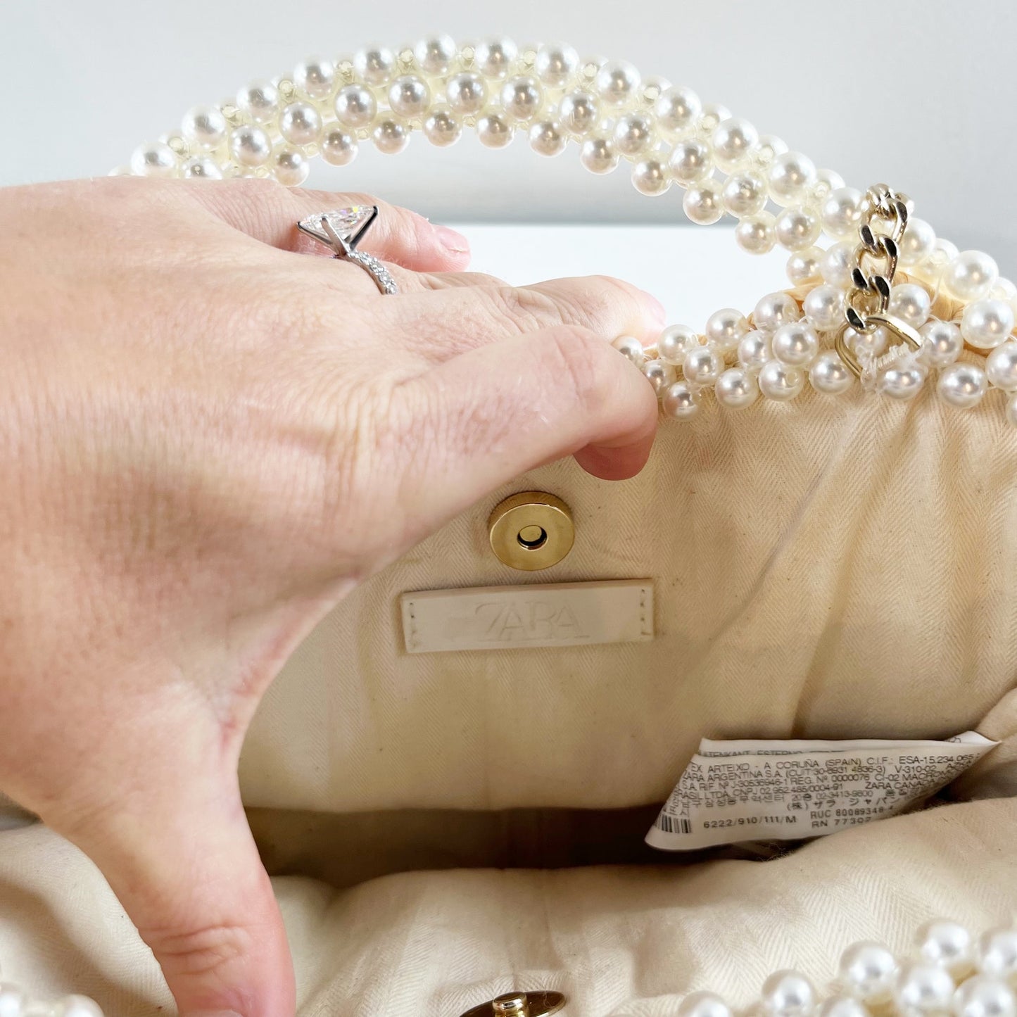 Zara Faux Beaded Basket Handbag Purse with Chain Crossbody Strap Natural Tan