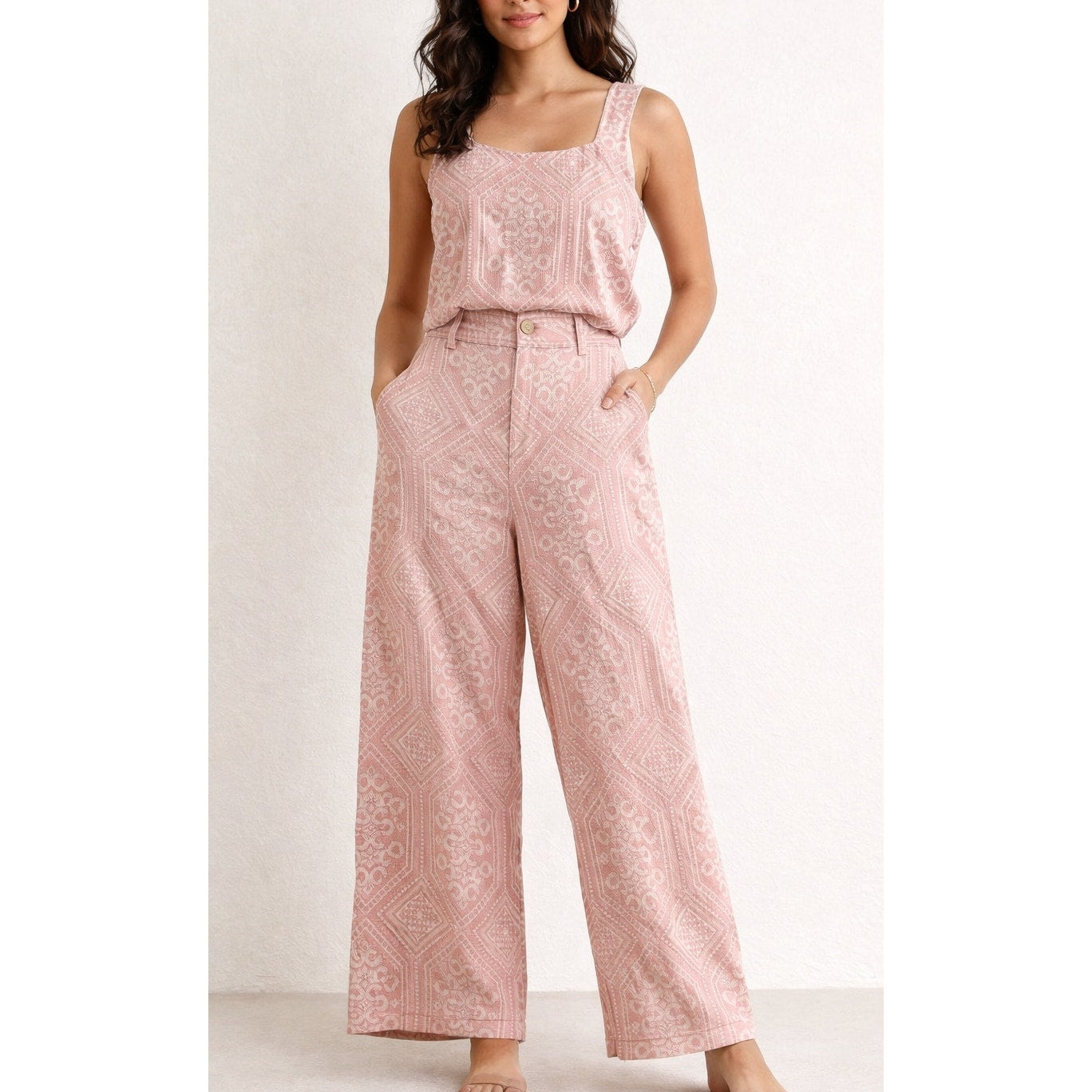 Joie Embroidered Linen Blend Crop Tank Top & Wide Leg Pants Dusty Pink 2 / Small