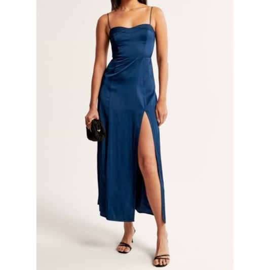 Abercrombie & Fitch Camille Satin Midi Dress Navy Blue XS