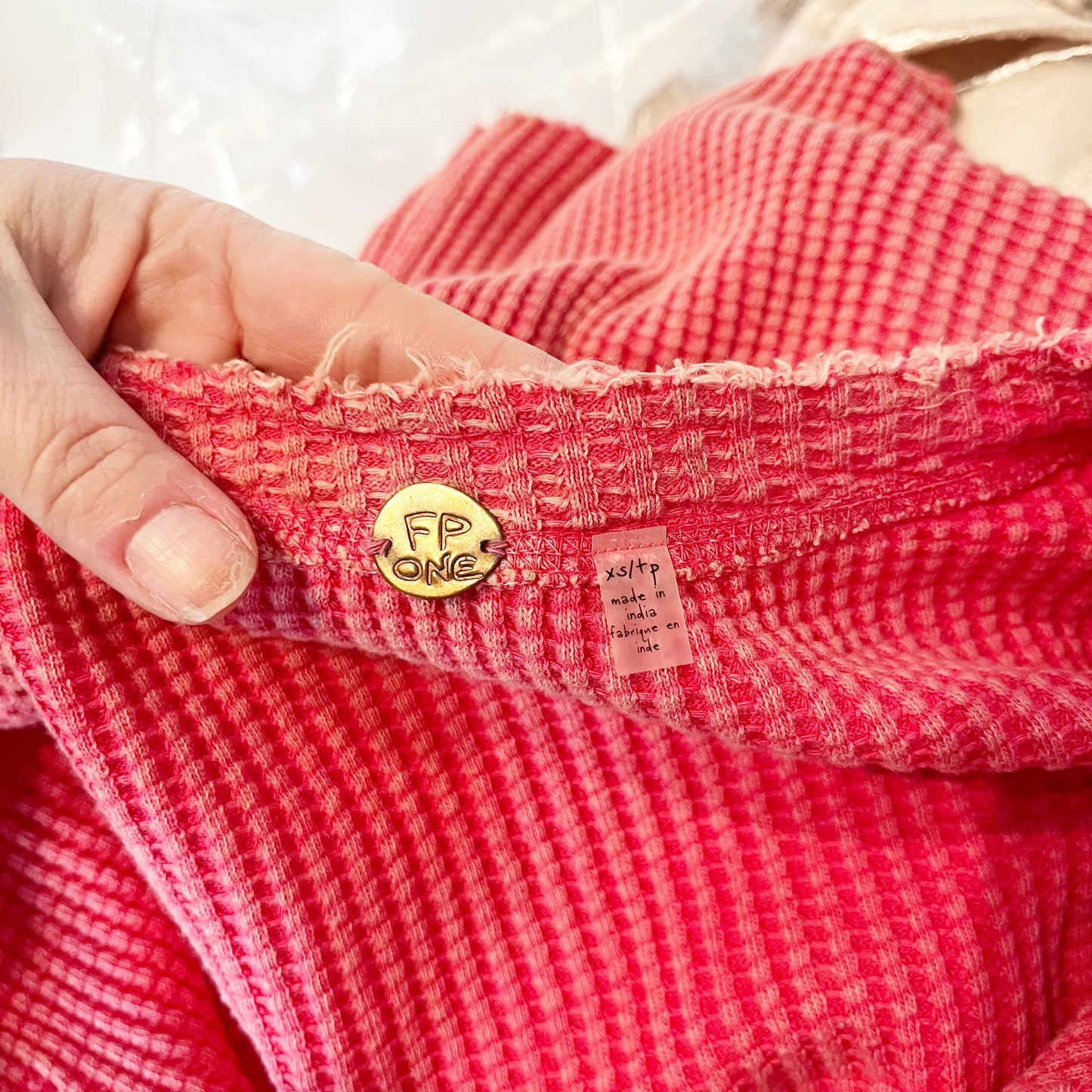 Free People Colt Thermal Waffle Long Sleeve Henley Top Red Pink XS