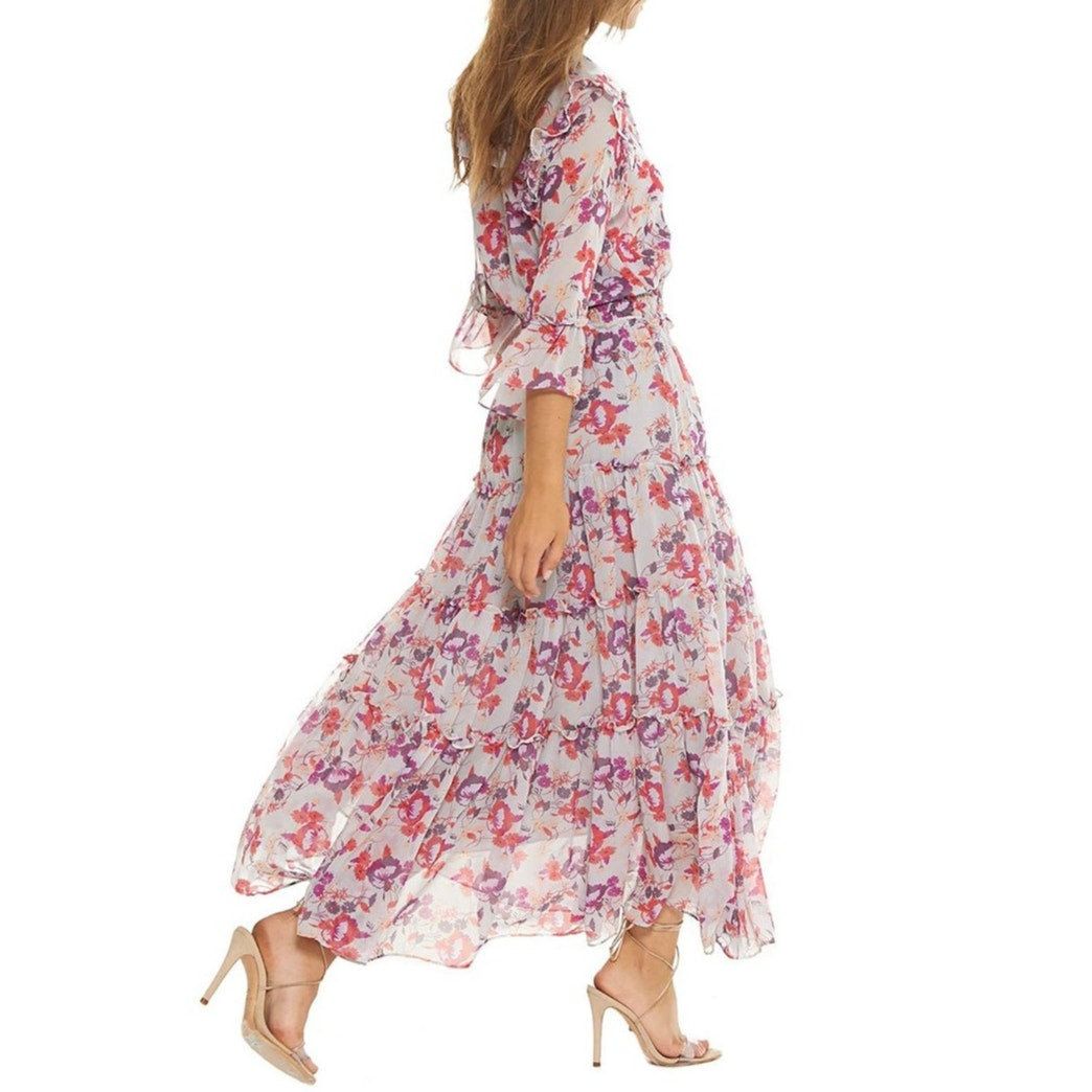 MISA Los Angeles Pamelina 3/4 Sleeve Ruffled Maxi Shirt Dress Lilac Floral XS